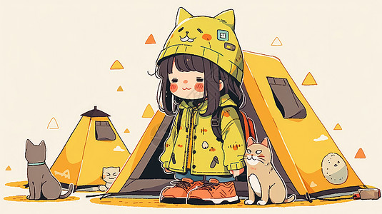 穿着黄色衣服的可爱卡通女孩站在黄色帐篷前图片