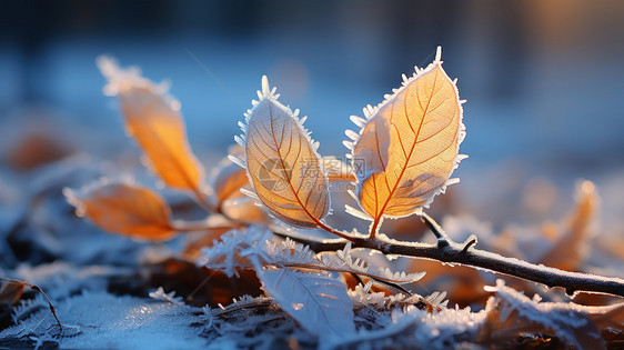 秋天落在地上的枯树叶与霜图片