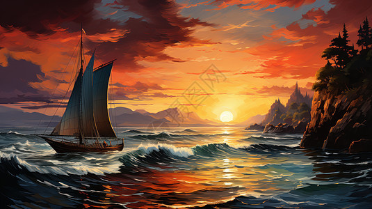 傍晚美丽的夕阳与漂泊在大海上的帆船图片
