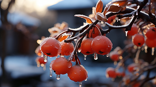 秋天被霜打过在树上的橙色果实高清图片