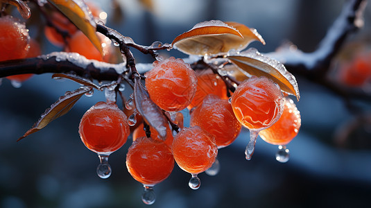 树枝上冻着冰橙色诱人的果实图片