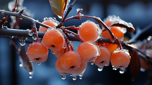 霜降素材秋天冻在树上的橙色果实插画