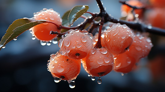 秋天在树枝上被冰冻的橙色果实图片