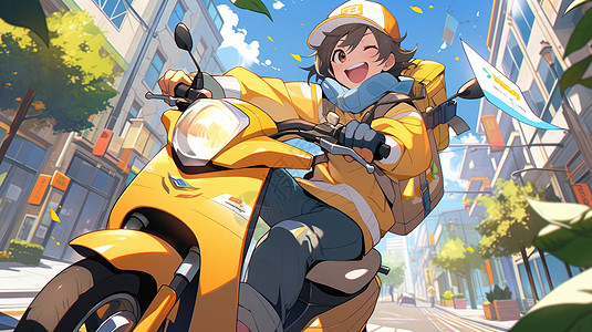 骑黄色摩托车开心的卡通送餐员图片