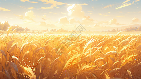 秋天一望无际金黄色的卡通麦子地高清图片