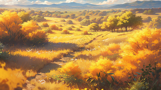 秋天野外金黄色的卡通风景幽静的小路图片