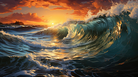 大海蓝色巨浪与美丽的夕阳图片