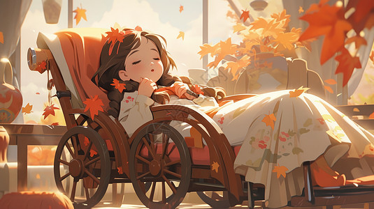 秋天躺在椅子上睡觉的可爱卡通小女孩图片