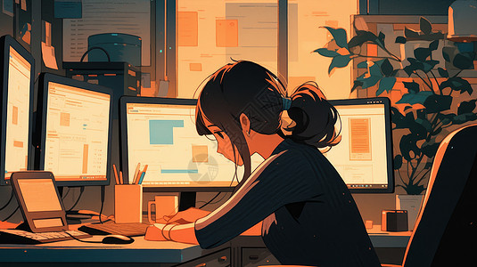 傍晚坐在很多电脑屏前努力工作的卡通女孩高清图片