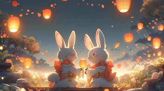 夜晚两只可爱的卡通兔子图片