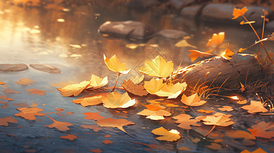 秋天落在小河中的卡通金黄色树叶图片