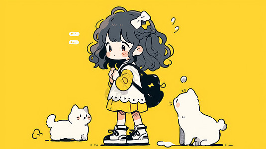背着与宠物猫一起放学的可爱卡通小女孩图片