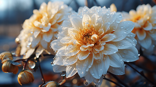 盛开的菊花沾满露水背景图片