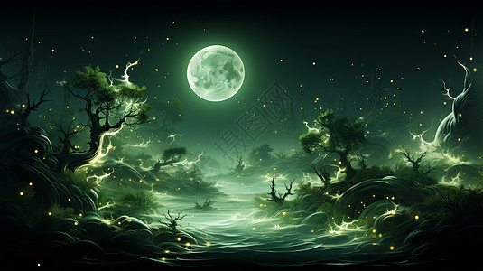 魔幻卡通超现实的树与圆圆的月亮图片