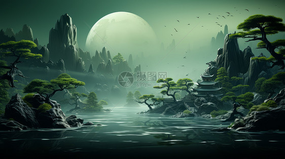 夜晚绿色调在山上的古松与古建筑魔幻卡通风景图片