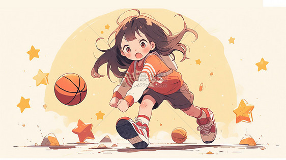 正在追赶篮球的可爱卡通女孩图片