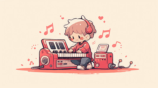 穿红色衣服弹电子琴的可爱卡通小男孩图片
