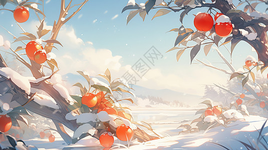 冬天雪地里漂亮的卡通柿子树图片