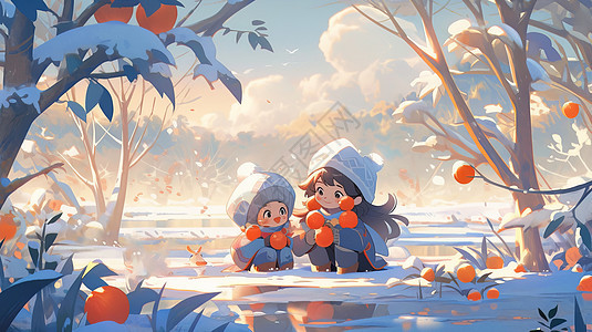坐在雪地里手拿柿子的两个可爱卡通小女孩图片