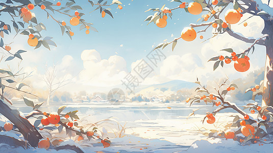 冬天唯美的卡通柿子树野外风景图片