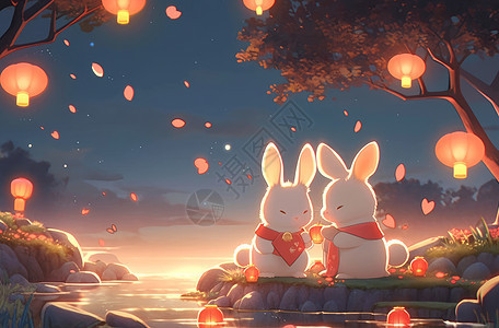 在树下过中秋节的两只可爱的卡通兔子图片