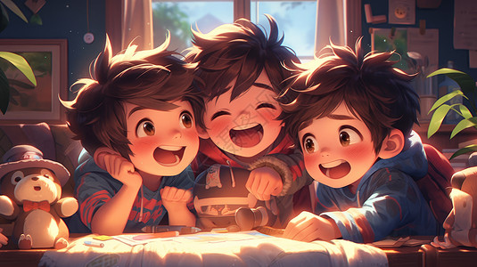 在一起玩耍的三个可爱卡通男孩背景图片