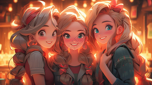 三个漂亮的长发女孩站在一起图片