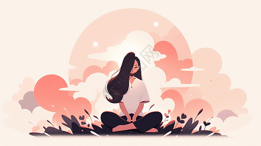 健身休息坐在花丛中休息冥想的卡通女孩插画