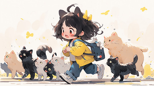 背着与宠物猫一起奔跑回家的可爱卡通女孩高清图片