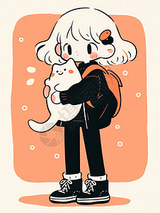 抱着白色猫穿黑色衣服的可爱卡通小女孩图片