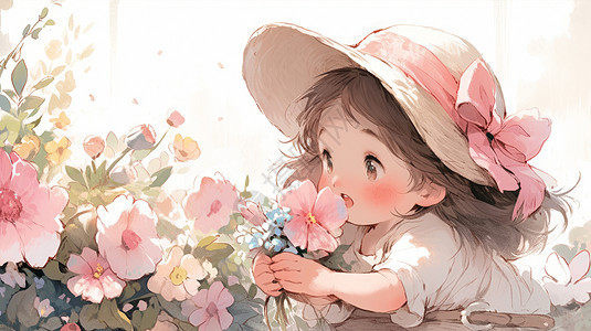 戴着帽子采摘花朵的可爱卡通小女孩图片