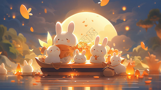 坐在小船上赏月的可爱卡通兔子们图片