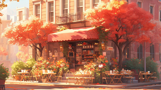 秋天可爱的卡通蛋糕店两旁有两棵树图片