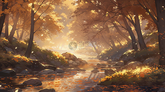 秋天美丽的卡通森林与小溪图片