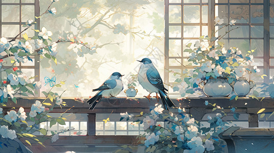 两只可爱的卡通小鸟站在古风卡通窗子前休息图片