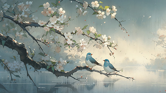树枝头两只漂亮的蓝色头卡通小鸟落在开满花朵的树枝上插画