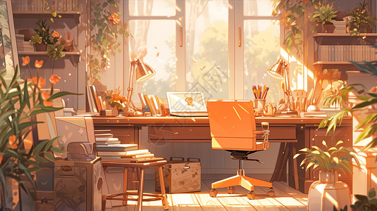 阳光照进温馨的卡通办公房间图片