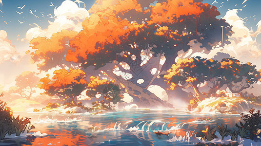 秋天美丽的卡通古树唯美风景背景图片