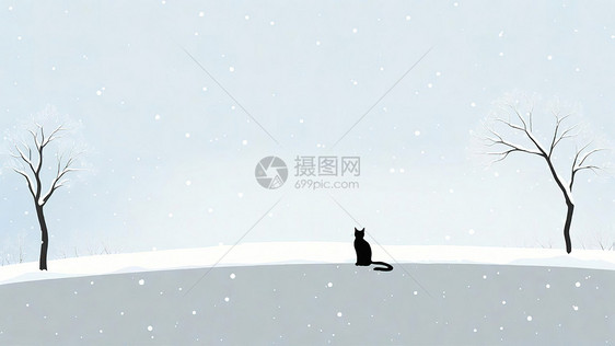 大雪雪地上的黑猫极简插画图片