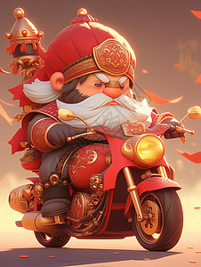 白色胡子卡通财神爷骑红色摩托车图片