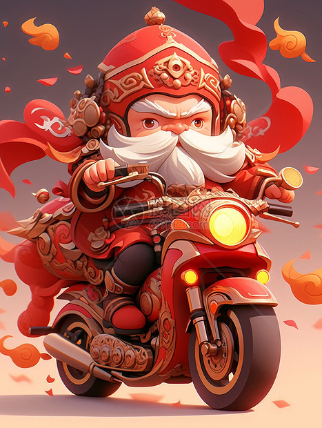 穿红色古风衣服的财神爷骑现代红色卡通摩托车图片