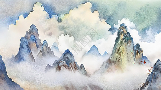 群山古风水彩画图片