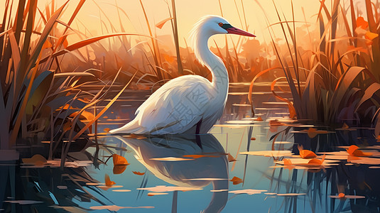 秋天站在河中的卡通白鹭鸟图片