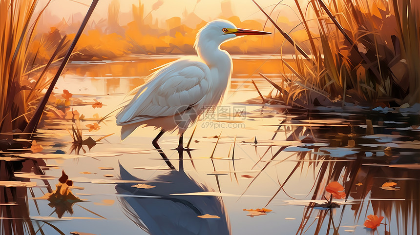 秋天可爱的卡通白鹭鸟站在河中图片