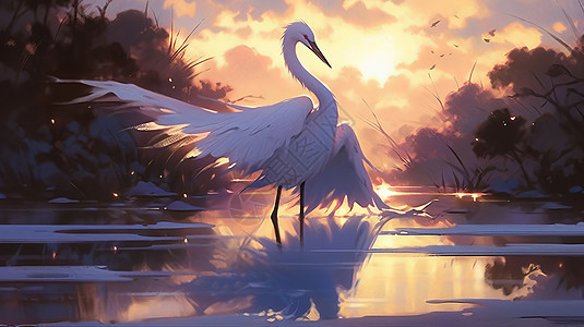 傍晚在夕阳下的河水中煽动翅膀的卡通白鹭图片