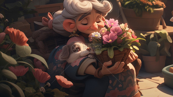坐着怀抱着和宠物的卡通老奶奶图片
