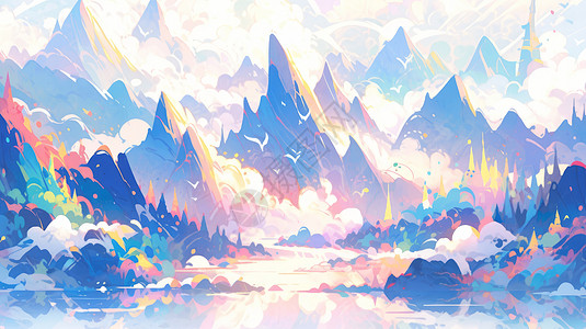 扁平风抽象的紫色调卡通山水风景背景图片