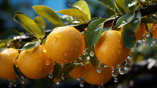 满杯橙子雨后挂在树上的果实满是水珠插画