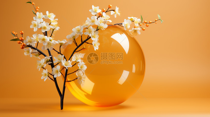一树枝漂亮的白色花朵与黄色透明气泡图片