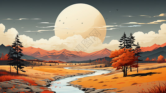 秋天傍晚大大的太阳与弯弯的卡通小河唯美风景图片